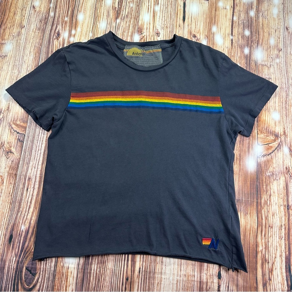 Aviator Nation Sunset Rainbow Cropped Tee 
Sz Small Distressed Neck/Sleeveless